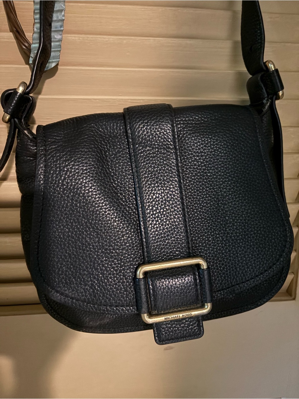 Michael Kors Black Pebbled Leather Saddle Crossbody with Gold Buckle